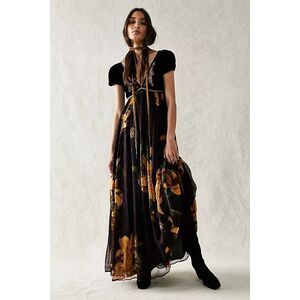 Free People Colette Maxi Dress Black Embroidered Floral US 14 NWT